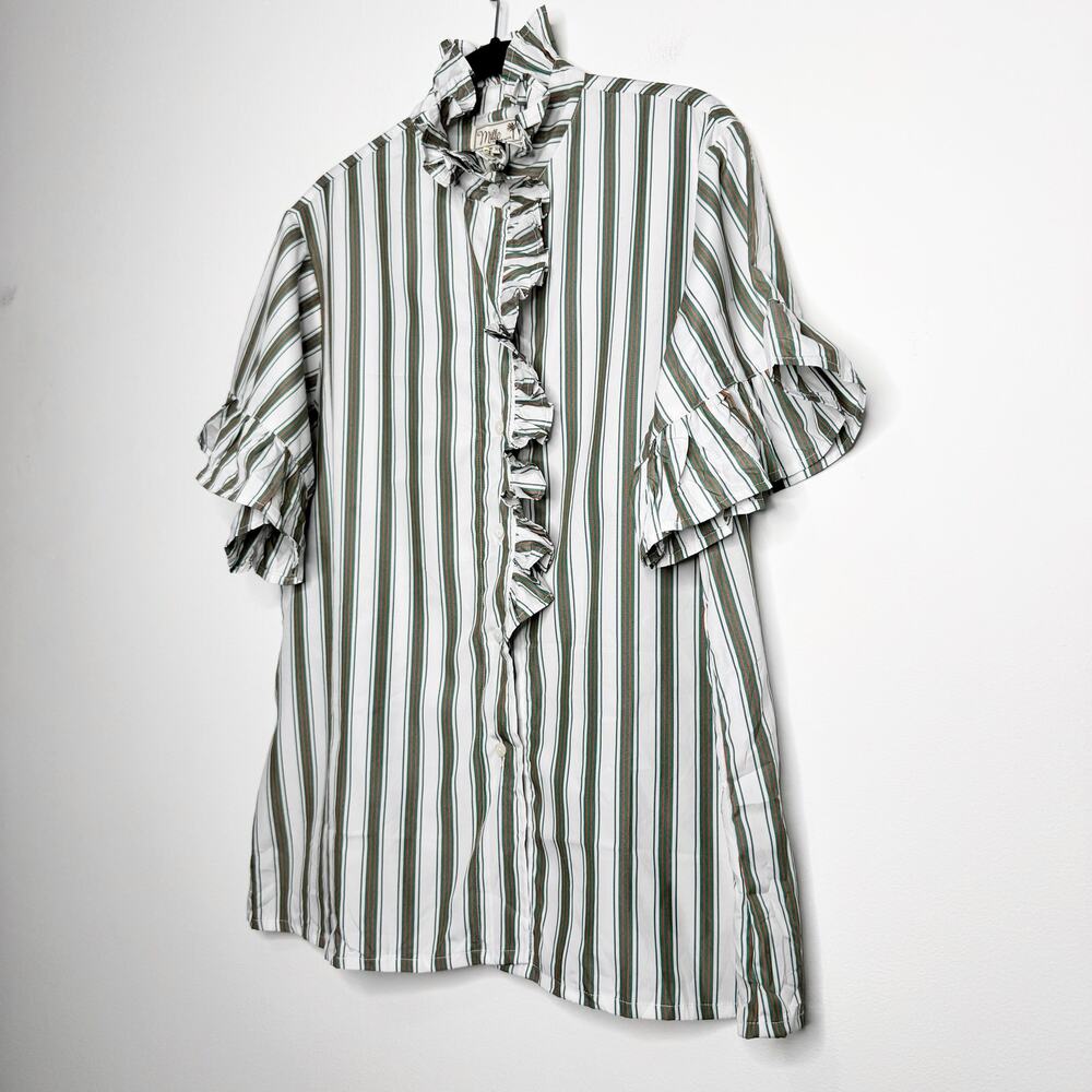 Mille Vanessa Top XL Green Stripe Ruffle Cotton Resort Blouse NWT - Picture 4 of 8